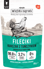 Wiejska Zagroda Mokra Karma Hipoalergiczna z kurczakiem i tuńczykiem dla kota 85g SASZETKA