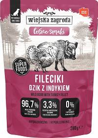 Wiejska Zagroda Pies Mokra Karma Hipoalergiczna Fileciki z dzikem i indykiem 280g SASZETKA