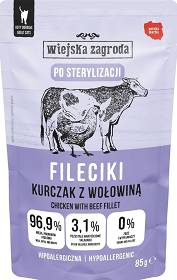 Wiejska Zagroda Kot Sterilized Mokra Karma Hipoalergiczna Fileciki z kurczakiem i wołowiną 85g SASZETKA