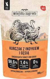 Wiejska Zagroda Kot Kitten Mokra Karma Hipoalergiczna Fileciki z kurczakiem, indykiem i gęsią 100g SASZETKA