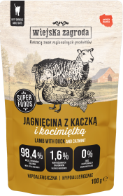 Wiejska Zagroda Mokra Karma Hipoalergiczna z jagnięciną i kaczką dla kota 100g SASZETKA