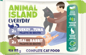 Animal Island Everyday Turkey with Tuna & Veal with Rabbit in Broth Mokra Karma z cielęciną, królikiem, indykiem i tuńczykiem w rosole dla kota 4x85g