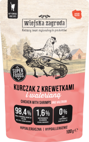 Wiejska Zagroda Mokra Karma Hipoalergiczna z kurczakiem i krewetkami dla kota 100g SASZETKA