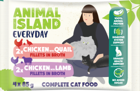 Animal Island Everyday Chicken with Quail & Chicken with Lamb in Broth Mokra Karma z kurczakiem, jagnięciną i przepiórką w rosole dla kota 4x85g